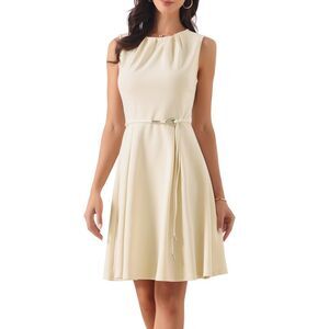 Women's Work Dresses Sleeveless Crew Neck Tie Waist A-line Dress Beige